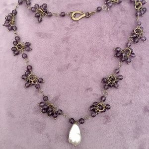Amethyst and Pearl Necklace.  Large Lustrous Pearl. One of a kind. …